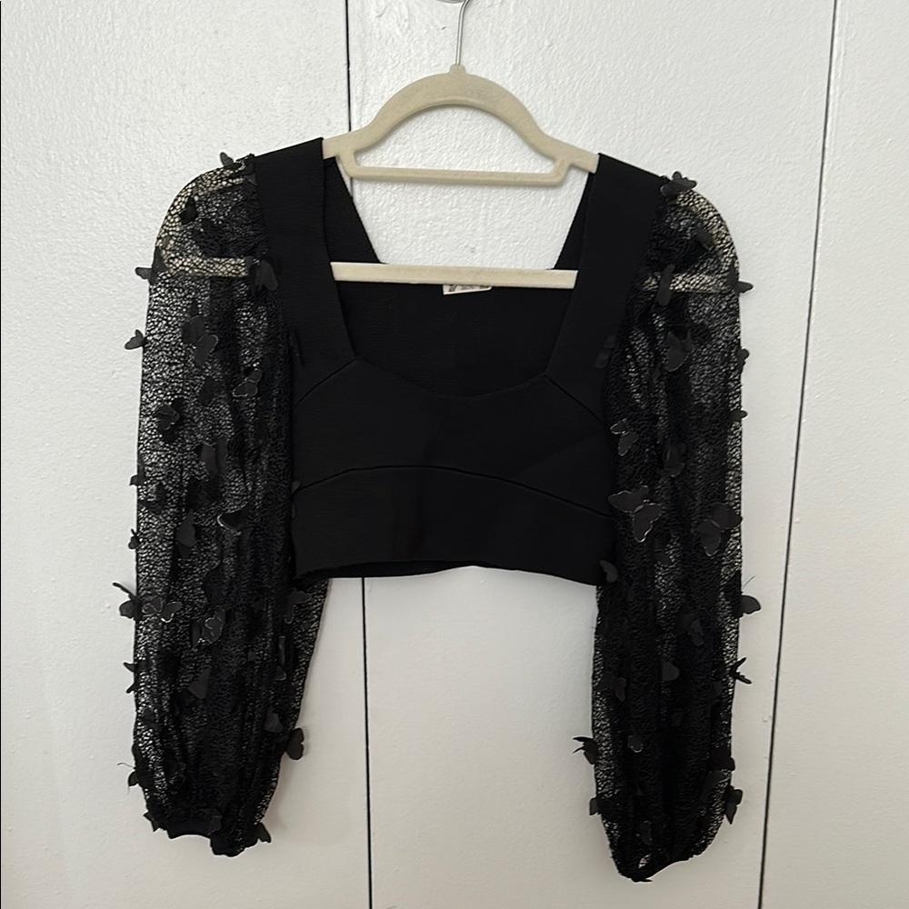 Free People Black Embellished Crop Blouse